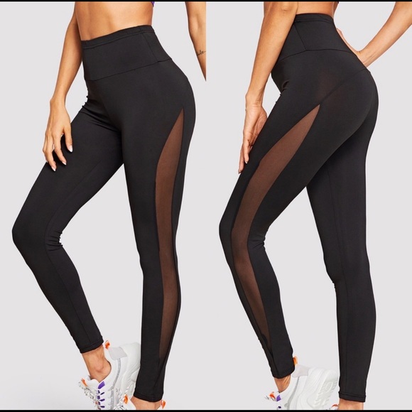 Pants - Black high waisted leggings with mesh cutout
